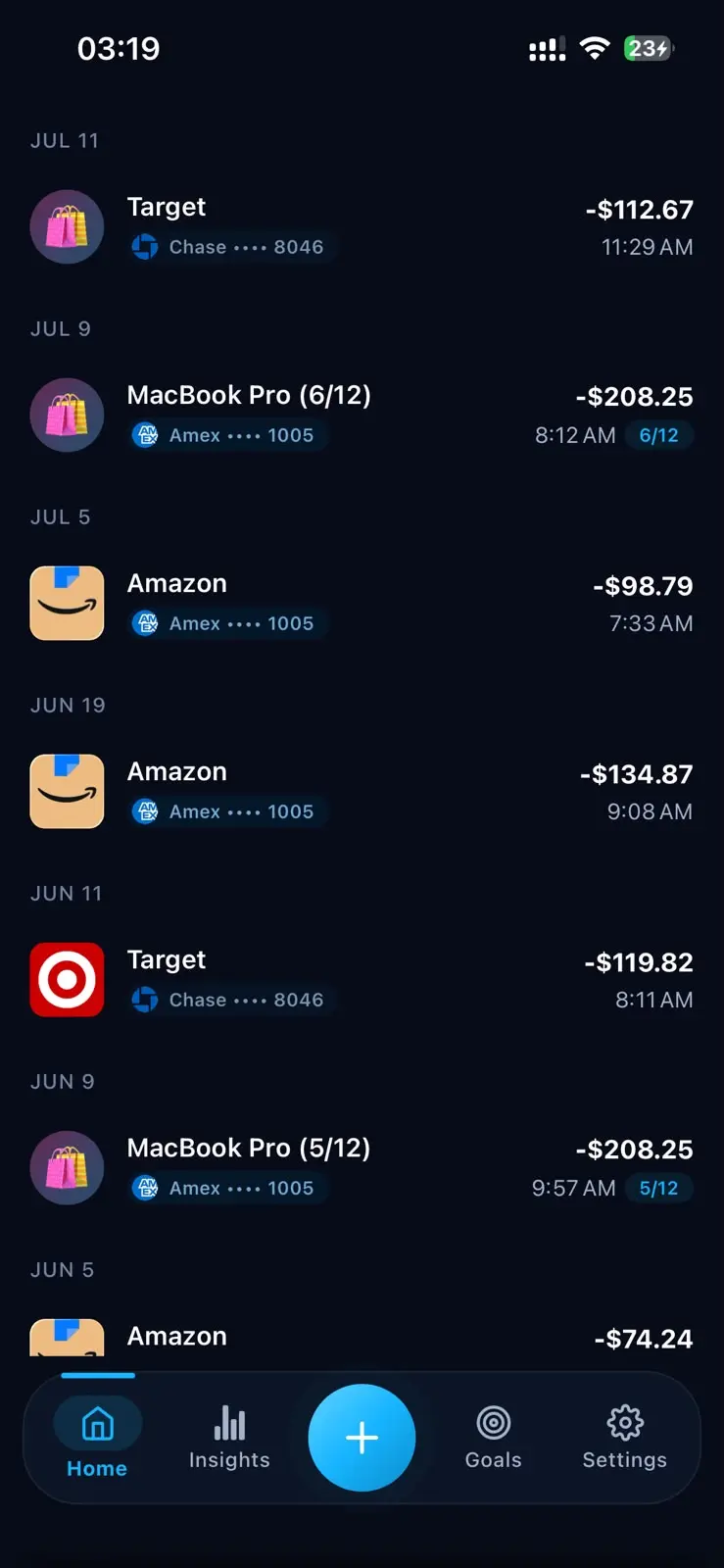 Grani transactions feed with merchant logos