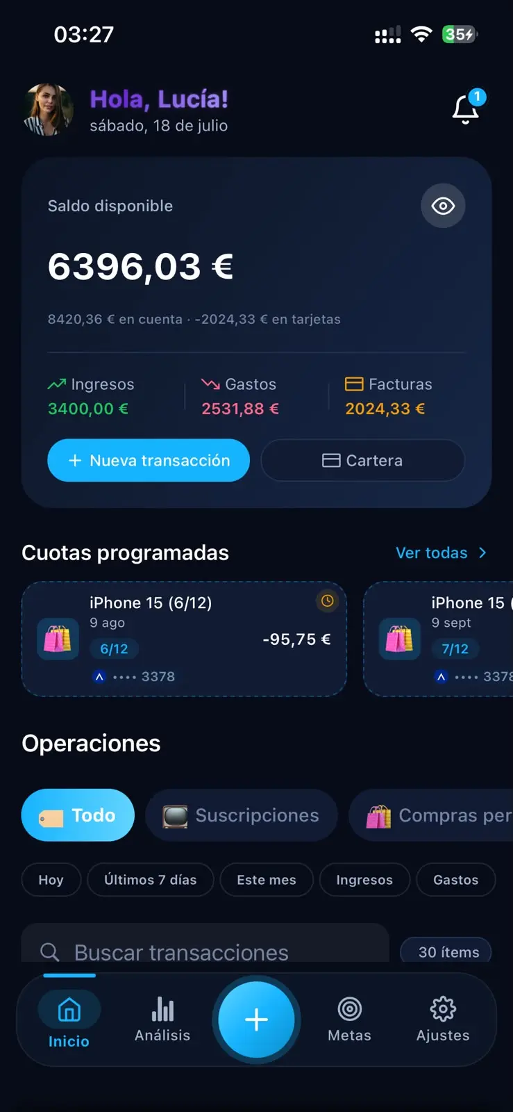 Pantalla de inicio de Grani con saldo y transacciones