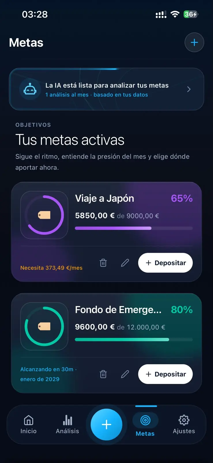 Pantalla de metas de Grani