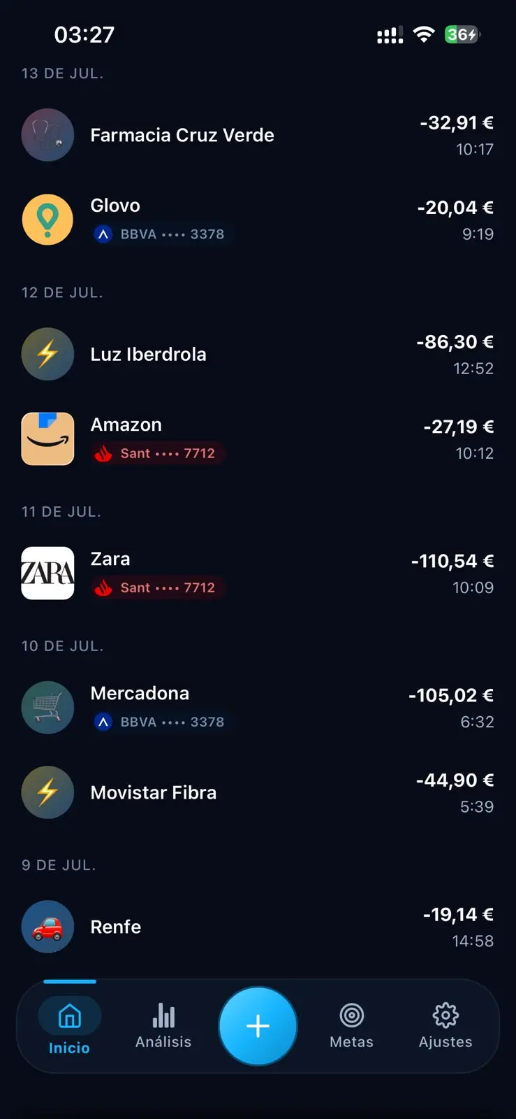 Feed de transacciones de Grani con logos de comercios