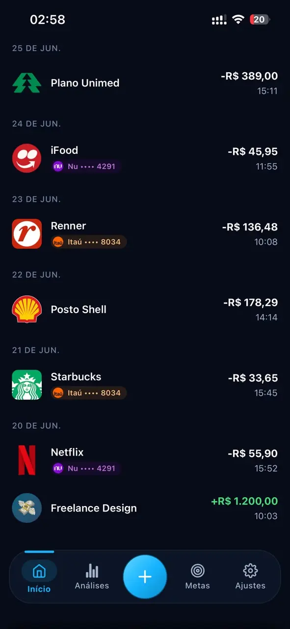 Feed de transações do Grani com logos de estabelecimentos
